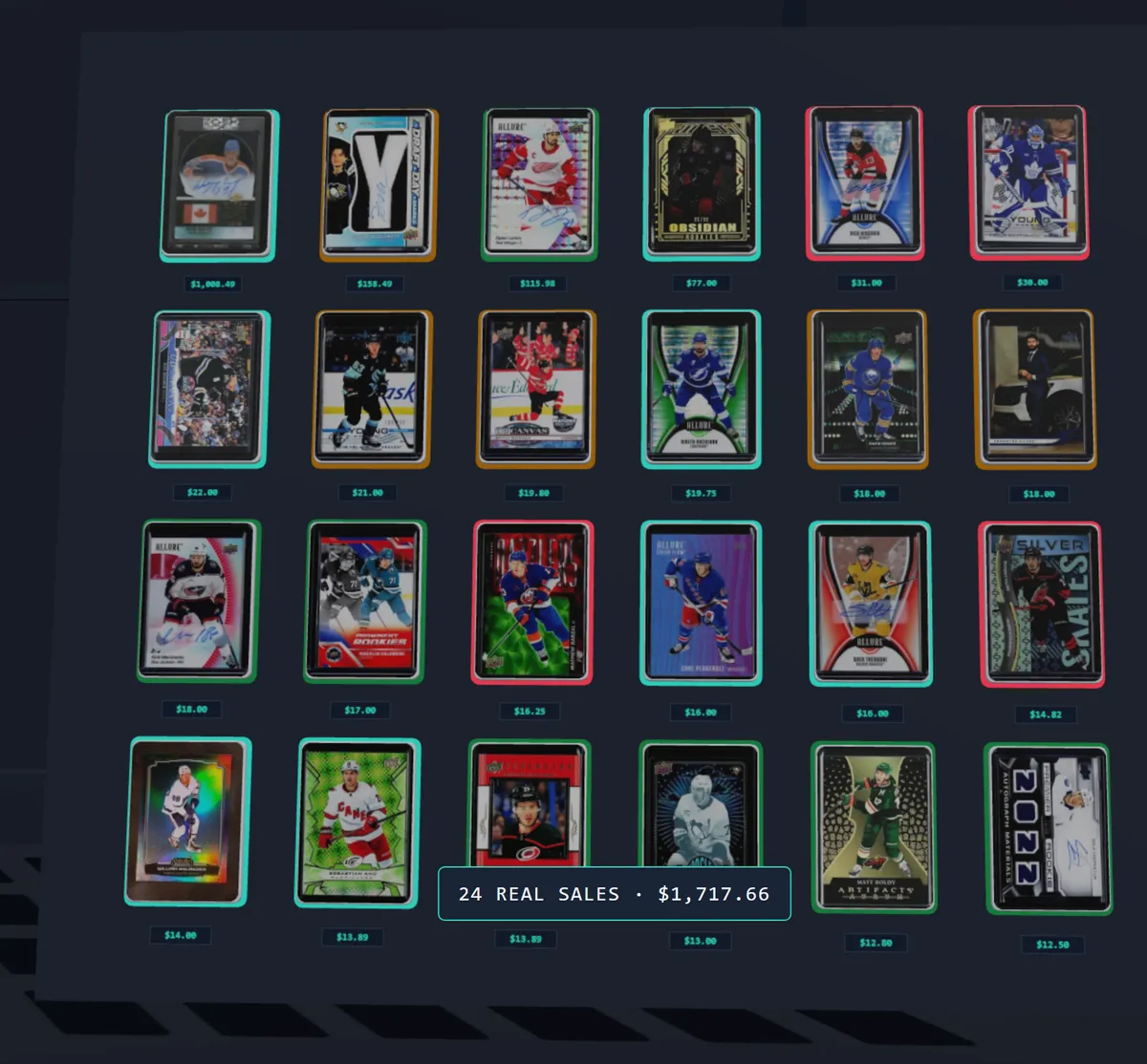 Rack of 24 real sold hockey cards with prices: 24 real sales totalling $1,717.66