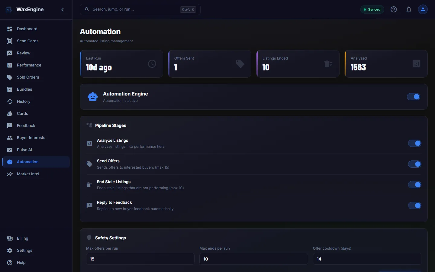 WaxEngine automation settings for offers, relists, and end-and-relist