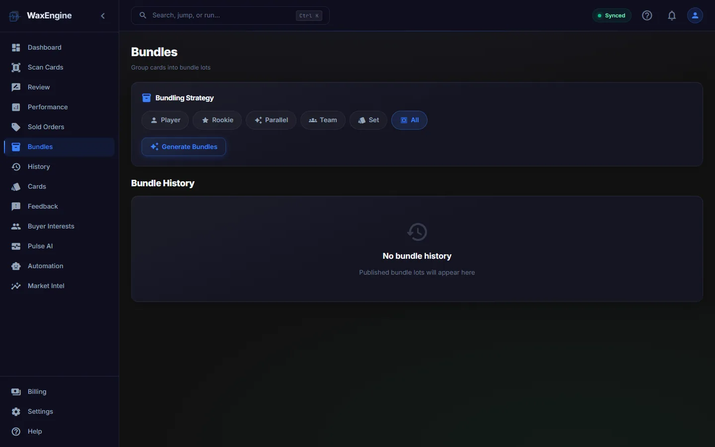 WaxEngine bundle builder with player, team, and set strategies