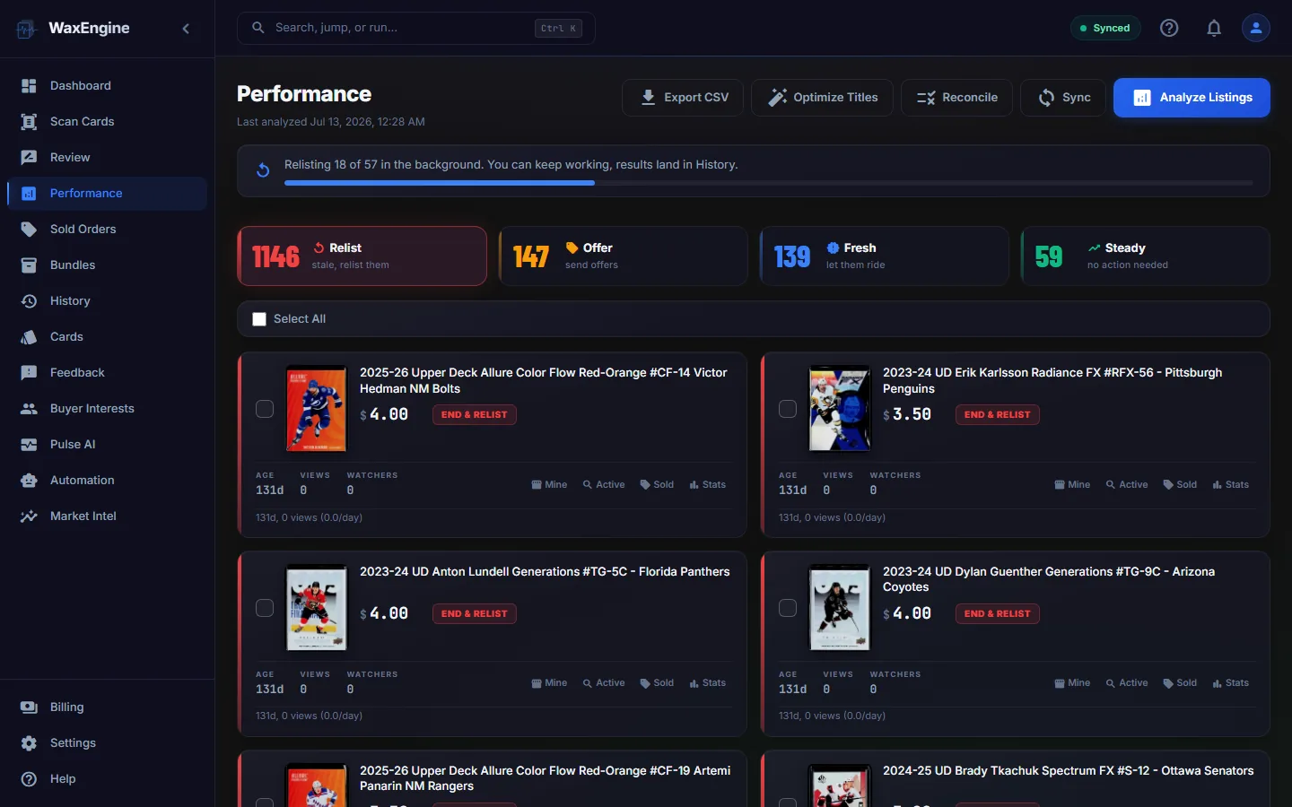 WaxEngine performance tiers showing Relist, Offer, Fresh and Steady listings